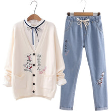 Load image into Gallery viewer, Cat Embroidery Cardigan And Pants