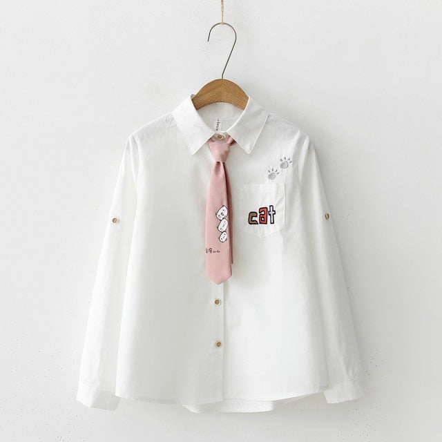 Cat Embroidery Cotton Shirt