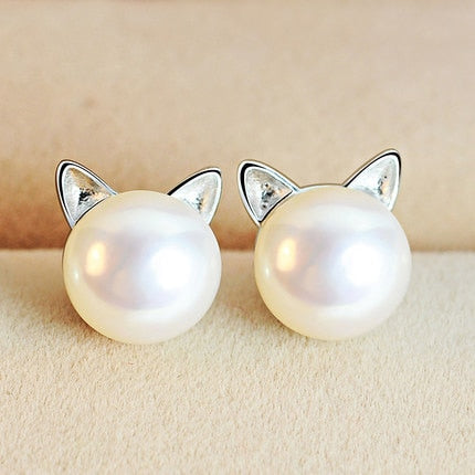 Silver Cat Pearl Stud Earrings