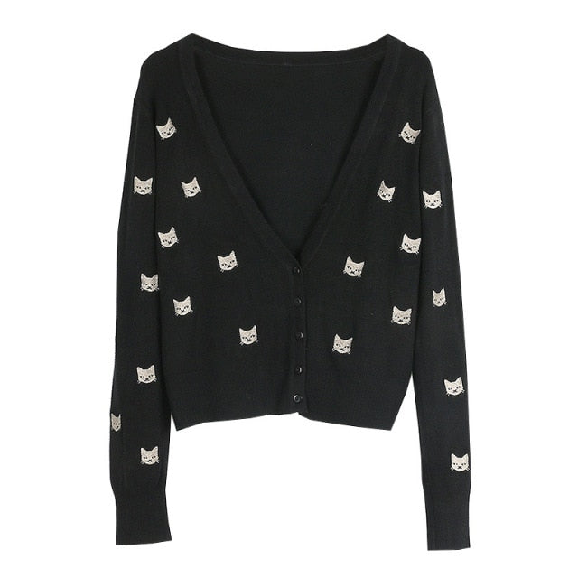 Cat Embroidery V-Neck Vintage Sweater