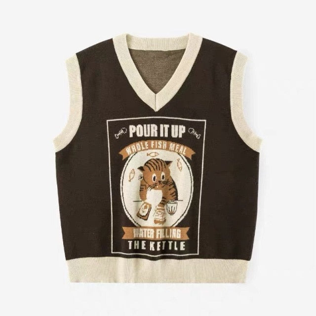 Vintage Sweater Vest Kawaii Cat